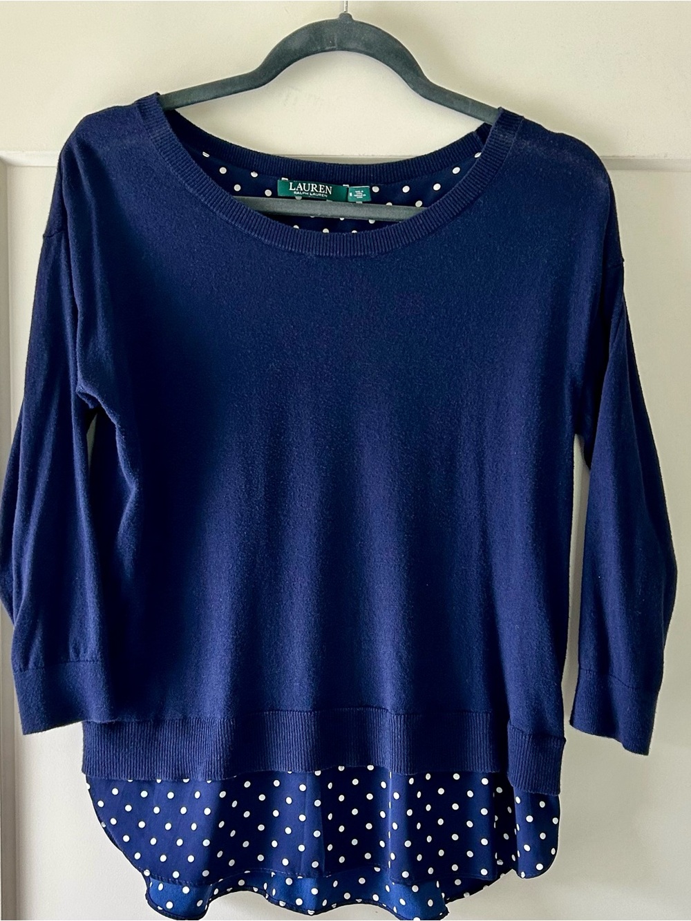 Ralph Lauren Navy Sweater with White Polka Dot Trim size M